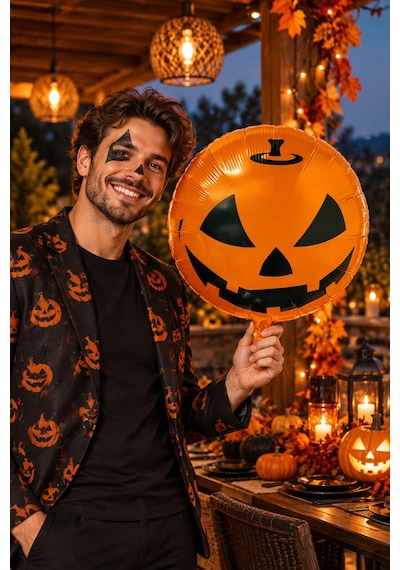 Halloween Cadılar Bayramı Balkabağı Yüzlü Folyo Balon 45 Cm 18 İnç Turuncu Yuvarlak Parti Süsü Çok Renkli