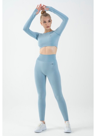 Maraton Active Slimfit Kadın Bisiklet Yaka Uzun Kol Training Sislimavi Crop Top 816005 Mavi