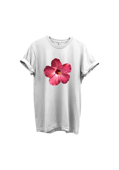 Pembe Tropik Hibiskus Çiçekli Kadın %100 Pamuk Regular Fit Bisiklet Yaka T-shirt Beyaz