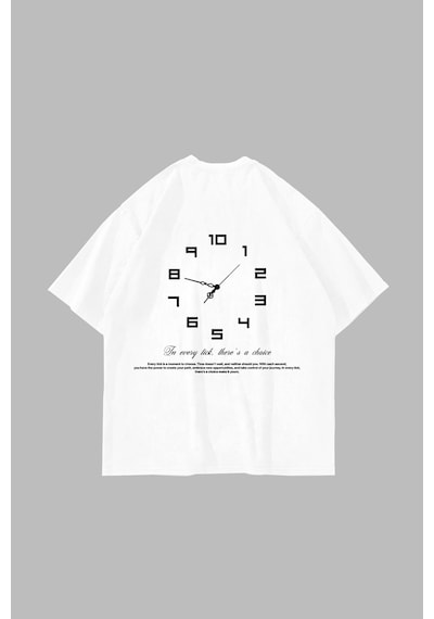Flood Of Style 816 Clock Baskılı Oversize Unisex Beyaz Çok Renkli