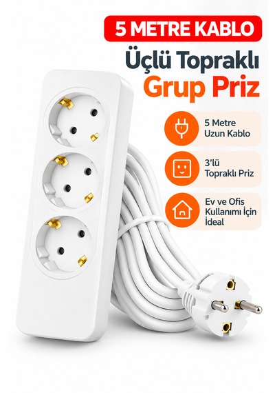 5 Metre Kablolu Topraklı Çocuk Korumalı Üçlü Priz Beyaz Renkli Güvenli Tasarım 5 M