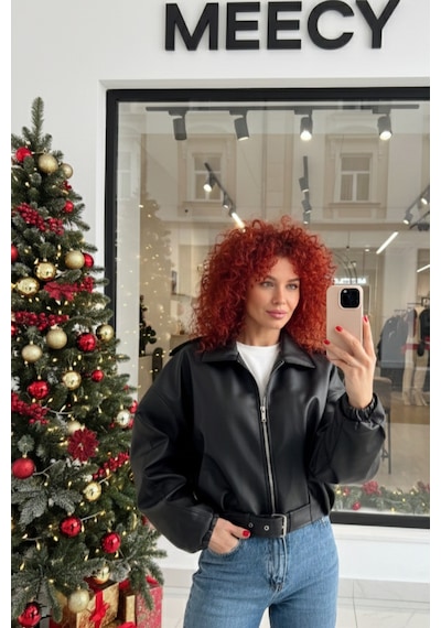 Meecy Yeni Sezon Suni Oversize Bomber Deri Ceket Siyah Siyah