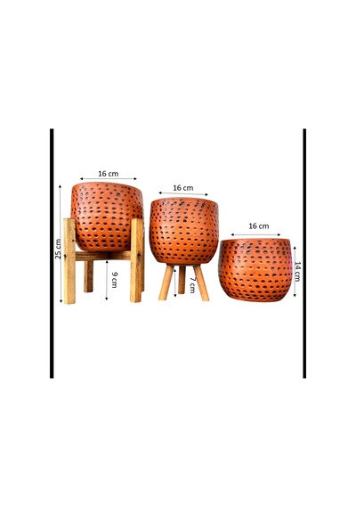 Bitki Tasarımı Siyah Nokta Desenli Terakota Saksı & Saksılık Dekoratif Salon Çiçekliği 3'lü Set 15 Cm