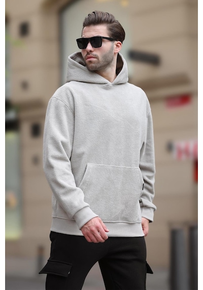 Madmext Boyalı Gri Kapüşonlu Cep Detaylı Polar Erkek Sweatshirt 7093 Gri