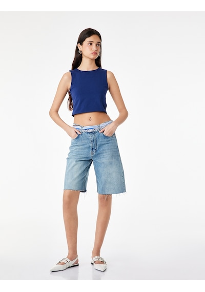 Koton Kolsuz Bisiklet Yaka Slim Fit Crop Bluz Lacivert 6sal30050ık