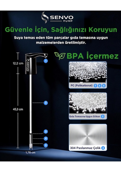 Senvo Pump Damacana Su Pompası Hızlı Dolum, Ultra Sessiz, Tek Şarjla 15 Damacanaya Kadar Siyah