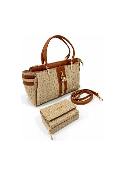 Just Polo Kadın Lüks El & Omuz Çantası Gold Detaylı Özel Tasarım Çanta Ve Uyumlu Cüzdan 22x28 Cm Vizon - Taba