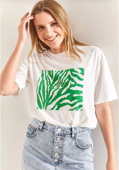 Baskılı Basic Bisiklet Yaka Örme T-shirt Önü Yeşil