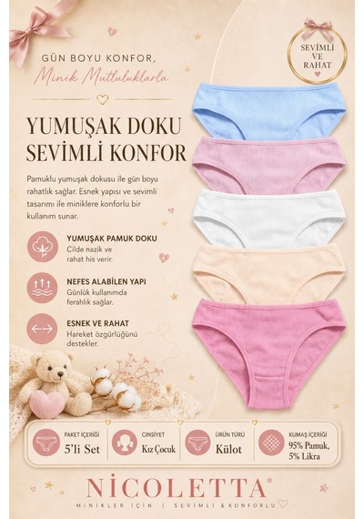 Nicoletta Kız Çocuk Külot 5 Li Paket Pamuklu Likralı Kaşkorse Çok Renkli