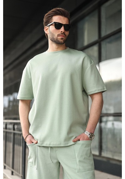 Madmext Çağla Yeşili Bisiklet Yaka Oversize Erkek Şort T-shirt Takım E7355 Çağla Yeşili
