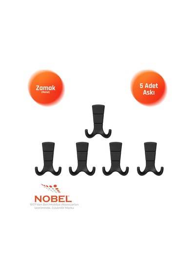 Mina Lüks Askı, Metal, Vestiyer Askı, 125 Gr, Dolap Askılık, Duvar Askılığı, Mat Siyah Vidalı 5 Adet