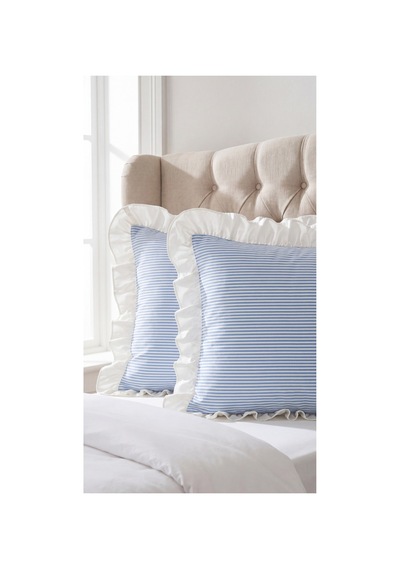 2'li Pamuklu Kumaş Beyaz Fırfırlı Çizgili Yastık Kılıfı 50x70 Cm Mavi - 905289691 Mavi