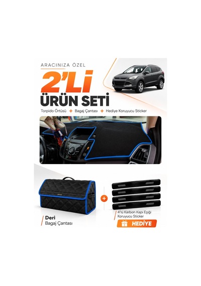 E-biz Ford Kuga 2013-2015 Uyumlu Torpido Örtüsü + Deri Bagaj Çantası Seti - Siyah-mavi - Fo026