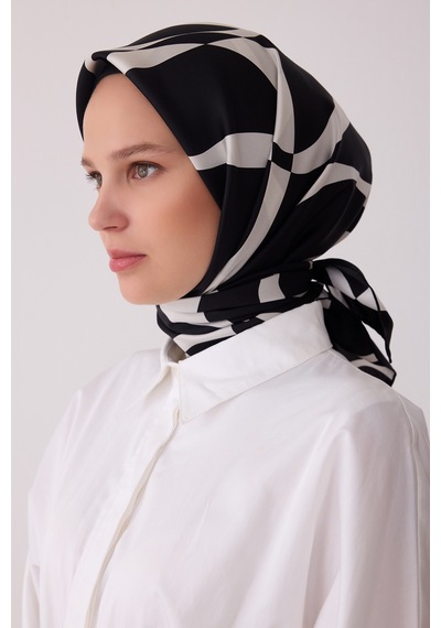 Belli Soyut Desen %100 Twill İpek Eşarp Be29 SİYAH-BEYAZ