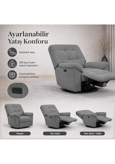 Smarto Relax Porto Comfort Elektrikli Döner Sallanan Tv Koltuğu Kontrol Panelli Ergonomik Polyester Baba Koltuğu Siyah
