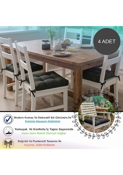 4 Adet - 40x40 Cm Lüks Süet Dokulu Antasit Sandalye Minderi - %100 Silikon Elyaf Dolgulu Yıkanabilir Minder Antrasit - Gri