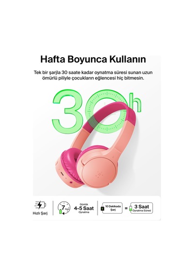 Belkin Soundform Mini Çocuk Kablosuz Kulaklık Pembe Dahili Mikrofon, 30 Saat Çalma, Eğlenceli Çıkartmalar, Okul Ve Seyahat İçin, iPhone, Apple iPad, Galaxy Uyumlu