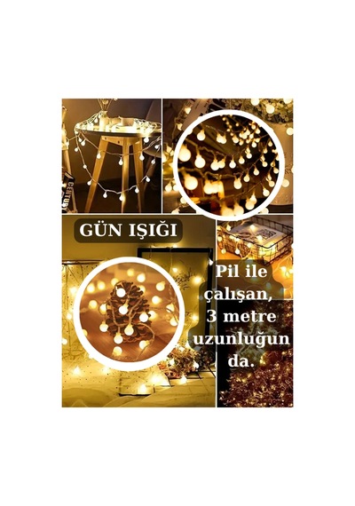 3 Metre Pilli Gün Işığı Top Led Aydınlatma Dekoratif Peri Işık Ev Oda Süsleme Sarı