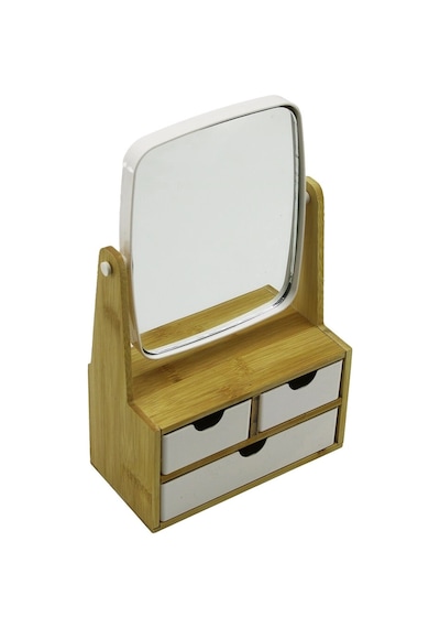 3 Çekmeceli Bambu Ahşap Standlı 9x9.5x18x21.5cm Makyaj Aynası 15x18cm Takılık 2+1 Organizer Bx40