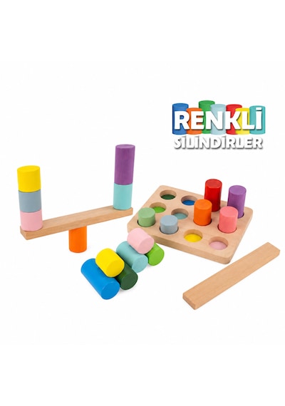 Bee Smart Renkli Ahşap Silindir Denge Ve Eşleştirme Oyunu 12 Parça