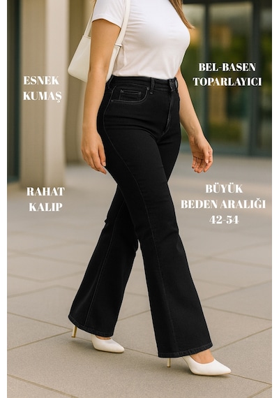 Cedy Denim Cedy Denım - Kadın Büyük Beden İspanyol Paça Yüksek Bel Skinny Fit Likralı Pantolon C628 Siyah