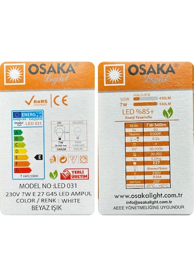 2 Adet Osaka 7w 50w Beyaz Işık E27 Duylu Kalın Duy Led Ampul
