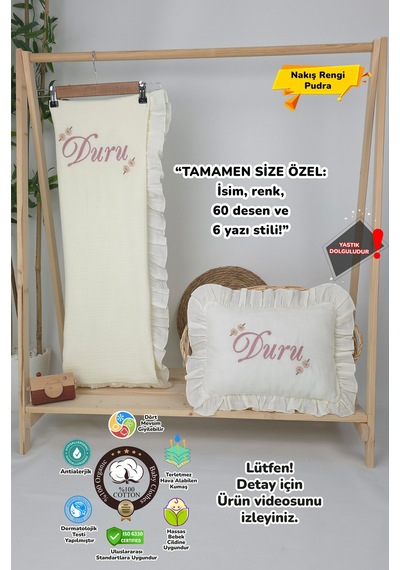 Gros Shop Müslin Yeni Doğan 4katlı Organik %100pamuk Kişiye Özgü Nakışlı Hastane Çıkış Seti Papatya Model-5 Ekru