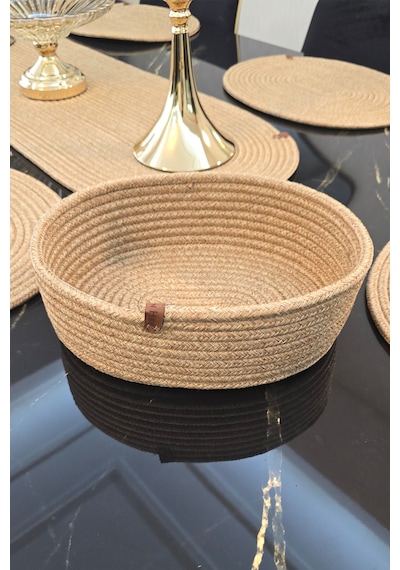 6 Lı Oval Supla 1 Runner 1 Dekoratif Ekmek Sepeti Seti Desenli Sunumluk Yemek Takımı Bej