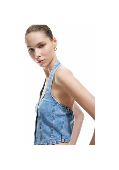 Koton Halter Yaka Düğmeli Dar Kesim Kolsuz Crop Denim Üst Açık İndigo 5sal30002md Açık Indigo Koton Halter Yaka Düğmeli Dar Kesim Kolsuz Crop Denim Üst Açık İndigo 5sal30002md Açık Indigo