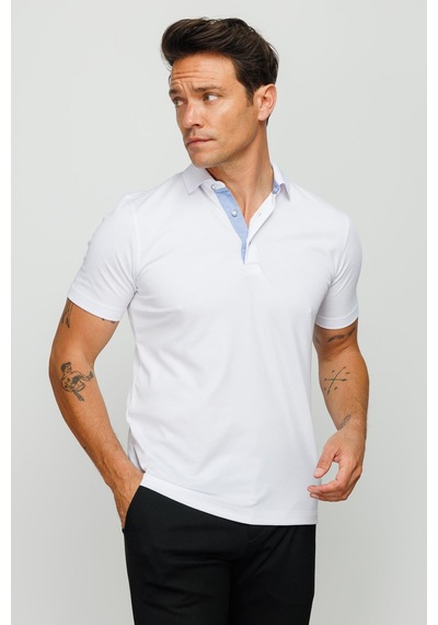 Erkek Polo Yaka Düğmeli Cepli T-shirt Beyaz Beyaz