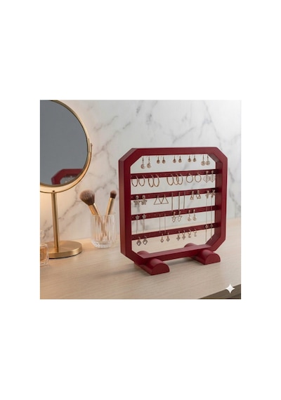 Modern Kırmızı Küpe Standı, Takı Düzenleyici, Takı Standı , Kolye Askısı , 4 Bölmeli Organizer