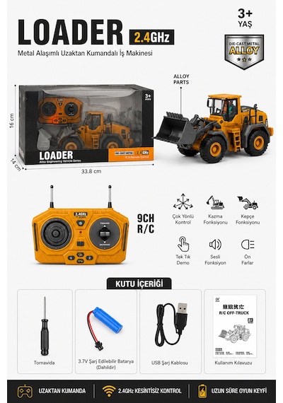 Işıklı Sesli Full Fonksiyon Metal Hareketli Kepçe 2.4ghz Uzaktan Kumandalı Loader 9 Kanal Sarı