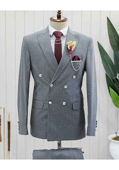 Bys Beystil Sivri Yaka Gri Çizgili Kruvaze Takım Elbise Togo - Slim Fit