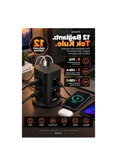 Fulltech Prıme 8 Li Akım Korumalı Kule Priz 3680w - Pd 20w, 1050j Koruma, 2 Usb-c + 2 Usb-a, 4 Bağımsız Güç Anahtarı, 2 Metre Kablolu Dikey Çoklu Priz Grup Priz Kule Tipi Grup Priz