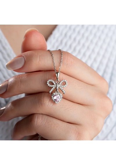 Vaoov 925 Ayar Gümüş Pembe Kalp Taşlı Kurdele Kolye Gümüş