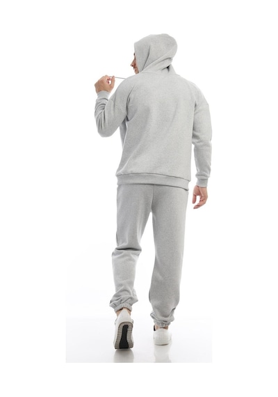 Polostate Erkek Kapüşonlu Kanguru Cepli Sweatshirt Gri Melanj