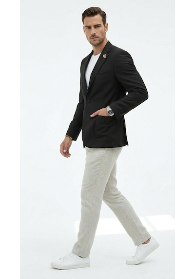 Plus Scorpion Ck089 Erkek Slim Fit Blazer Ceket Tek Düğmeli Çift Yırtmaçlı Torba Cepli Yarım Astarlı Siyah