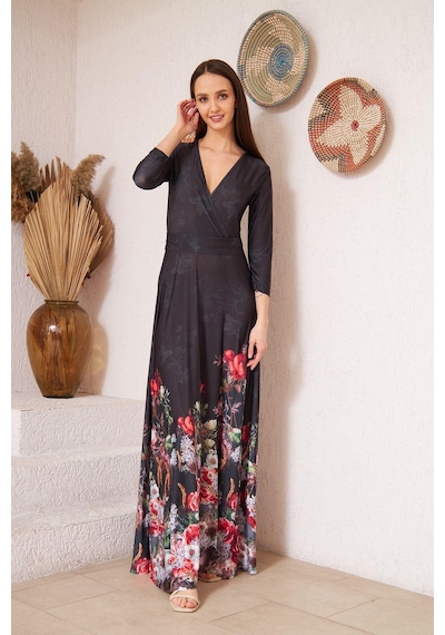 Darlin Moda Siyah Kruvaze Kırmızı Çiçek Desenli Abiye Elbise Dm1016