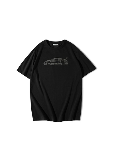 Brz Collection Unisex Oversize Porsche Kristal Taş Baskılı T-shirt Siyah