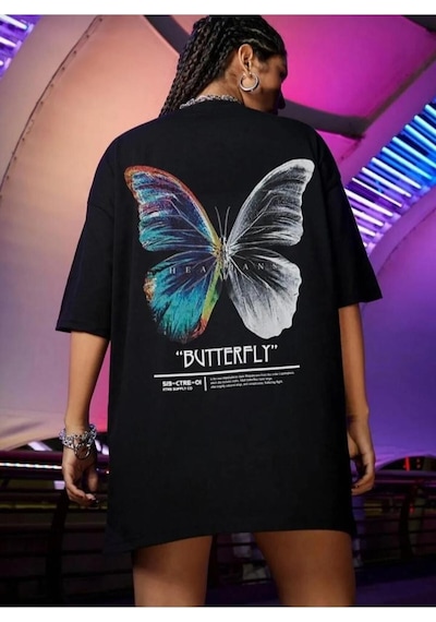 Kozia Outdoors Kadın Butterfly Baskılı Bisiklet Yaka Tişört Siyah SIYAH