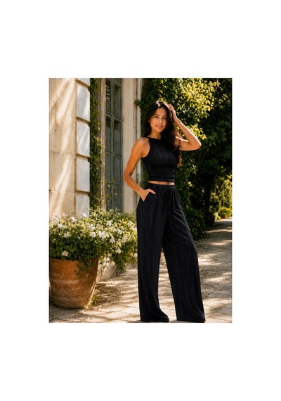 Unika Boutique Crop Pantolon Takım Kadın Şık Yazlık Fitilli SIYAH