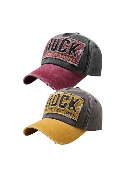 Tezzgelsin Unisex Eskitme Rock Nakışlı Ayarlanabilir Beyzbol Kep Şapka 2'li Set Siyah - Sarı