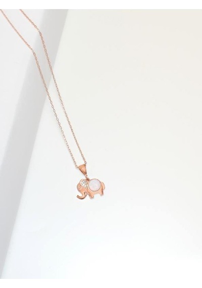 Brezza Lusso Jewelry Opal Beyaz Taşlı Fil Figürlü Gümüş Kadın Kolye 42 CM