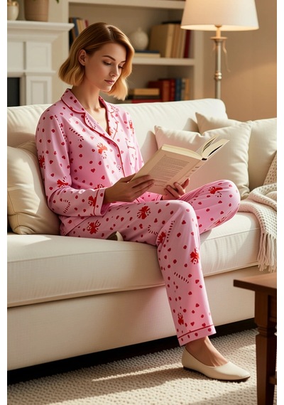Benerly Kadın Gömlek Yaka Standart Kol Regular Kalıp Dokuma Pijama Takımı Pembe