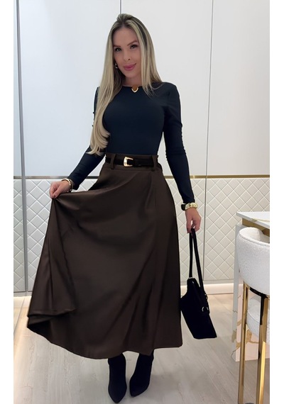 Moderie Butik Kadın Yüksek Belli Maxi Deri Kemersiz Etek Kahve