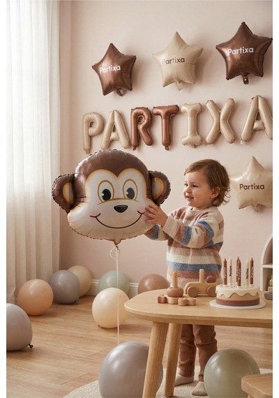 Safari Maymun Kafa Folyo Balon 42x41 Cm Safari Temalı Çocuk Doğum Günü Parti Süsü Çok Renkli