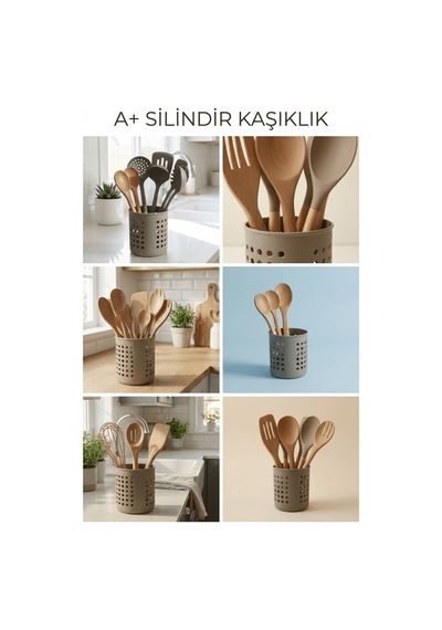Gri - A+ Silindir Kaşıklık Tezgah Üstü Servis Standı, Su Gider Delikli, Plastik Düzenleyici Organizer Gri
