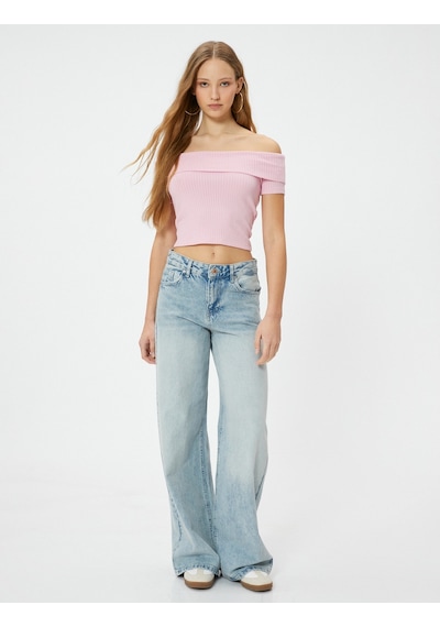 Koton Madonna Yaka Tişört Crop Ribanalı Kısa Kollu Slim Fit Pembe 4sal10803ık Gül Rengi