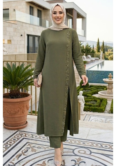 Hb Harma Time Butik Kadın İnci İşlemeli Haki Tunik-pantolon İkili Takım Haki Haki