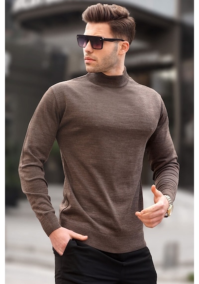 Madmext Acı Kahve Slim Fit Yarım Balıkçı Yaka Erkek Triko Kazak 6343 Acı Kahverengi